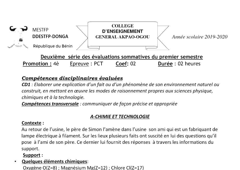 Aperçu de la première page — 4e PCT Devoir 2 Semestre 1 CEG Akpao Ogou 2019 2020