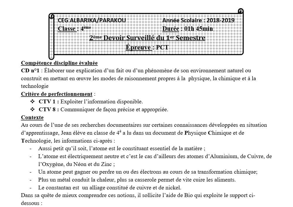 Aperçu de la première page — 4e PCT Devoir 2 Semestre 1 CEG Albarika 2018 2019