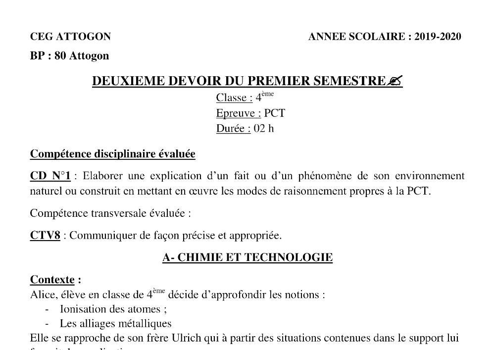 Aperçu de la première page — 4e PCT Devoir 2 Semestre 1 CEG Attogon 2019 2020