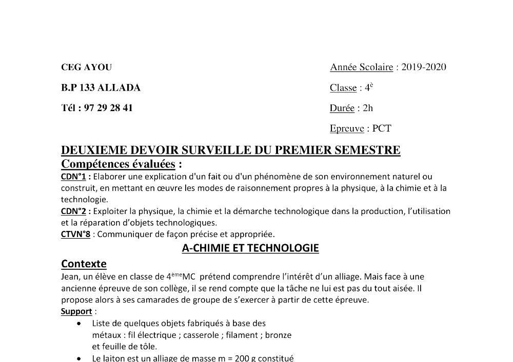 Aperçu de la première page — 4e PCT Devoir 2 Semestre 1 CEG Ayou 2019 2020
