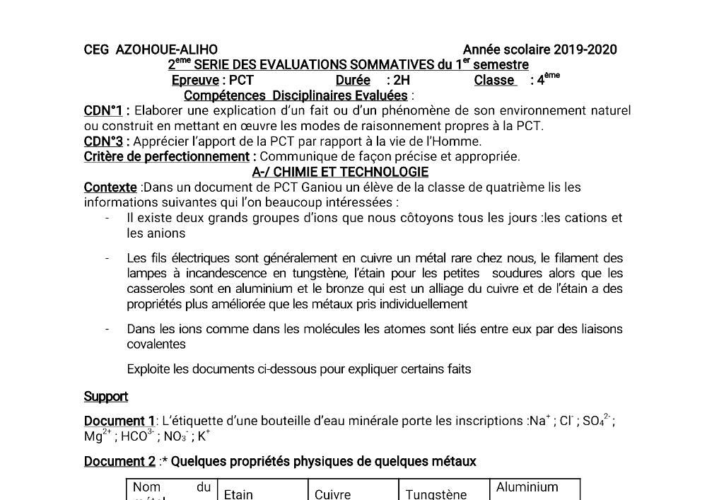 Aperçu de la première page — 4e PCT Devoir 2 Semestre 1 CEG Azohoue Aliho 2019 2020