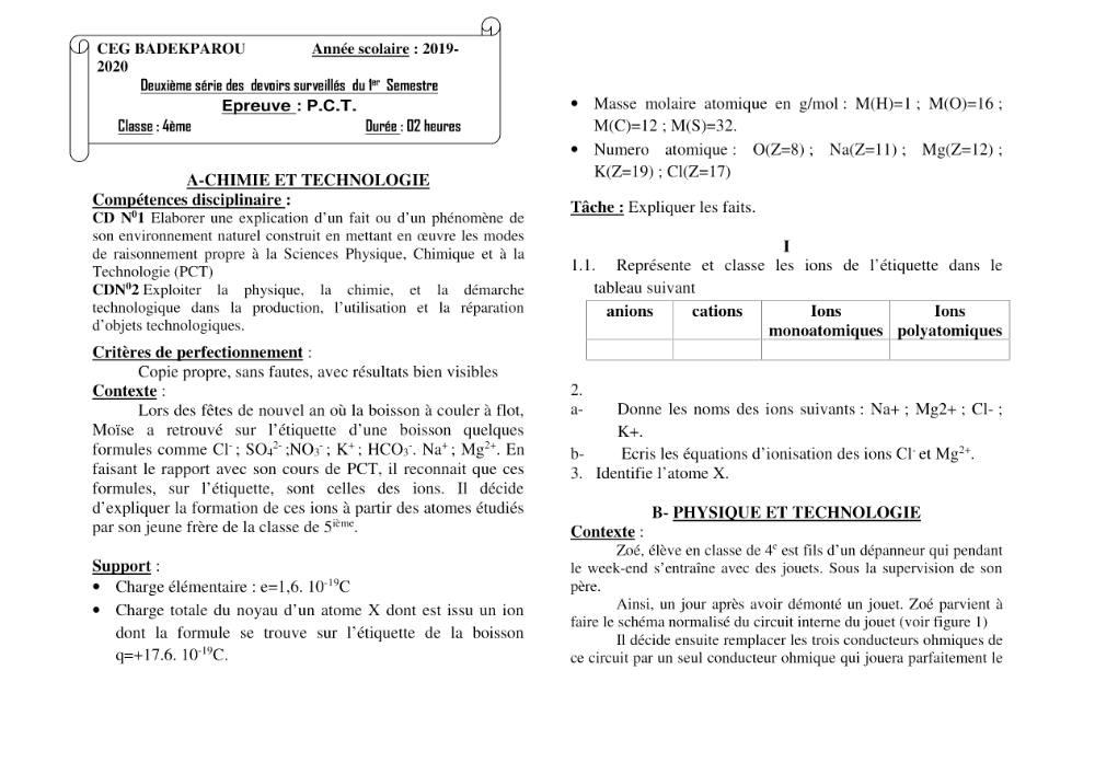 Aperçu de la première page — 4e PCT Devoir 2 Semestre 1 CEG Badekparou 2019 2020