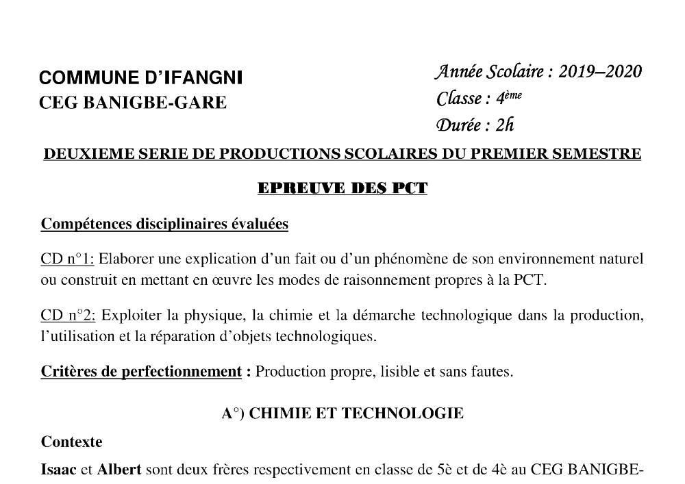 Aperçu de la première page — 4e PCT Devoir 2 Semestre 1 CEG Banigbe Gare 2019 2020