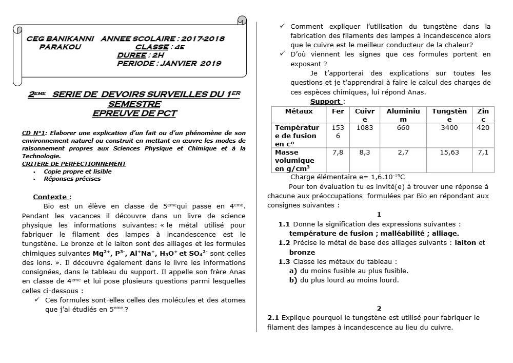 Aperçu de la première page — 4e PCT Devoir 2 Semestre 1 CEG Banikanni 2018 2019