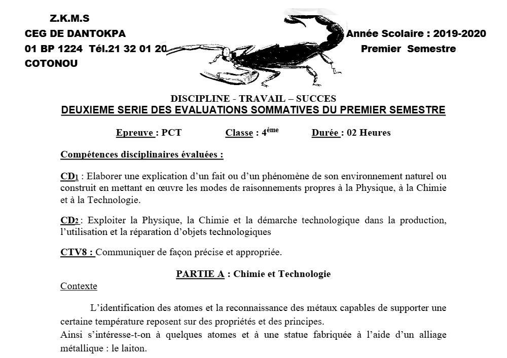 Aperçu de la première page — 4e PCT Devoir 2 Semestre 1 CEG Dantokpa 2019 2020