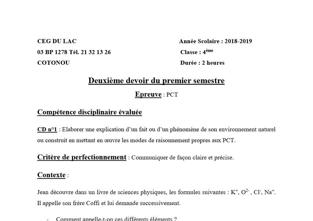 Aperçu de la première page — 4e PCT Devoir 2 Semestre 1 CEG du Lac 2018 2019