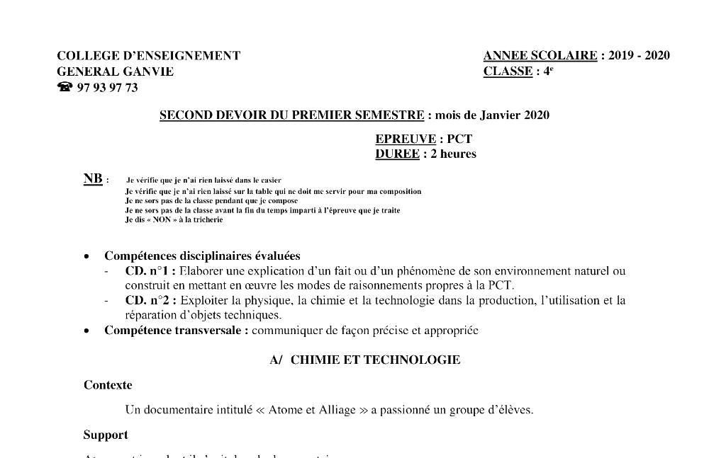 Aperçu de la première page — 4e PCT Devoir 2 Semestre 1 CEG Ganvie 2019 2020