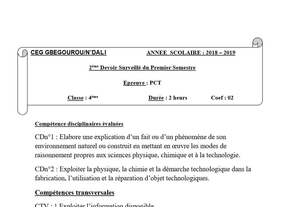 Aperçu de la première page — 4e PCT Devoir 2 Semestre 1 CEG Gbegourou 2018 2019