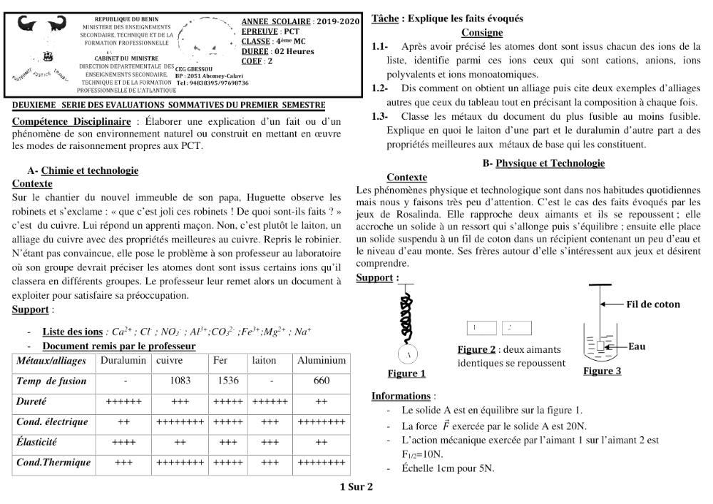 Aperçu de la première page — 4e PCT Devoir 2 Semestre 1 CEG Gbessou 2019 2020