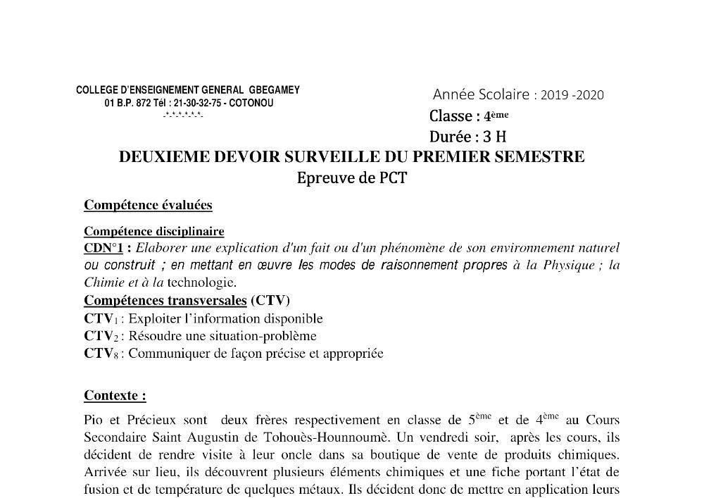 Aperçu de la première page — 4e PCT Devoir 2 Semestre 1 CEG Gbégamey 2019 2020