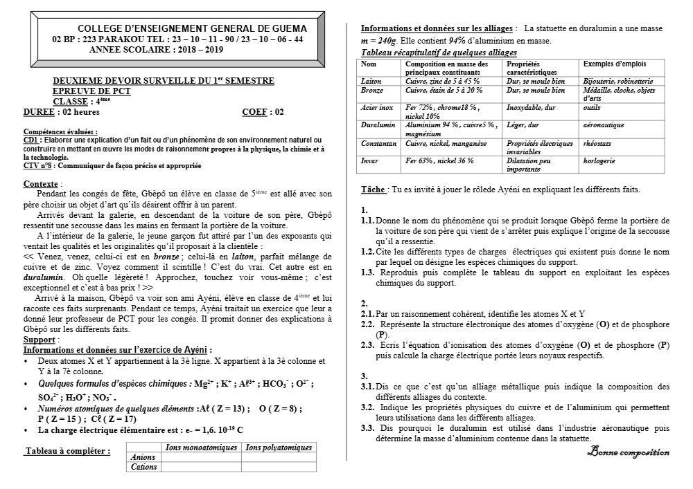 Aperçu de la première page — 4e PCT Devoir 2 Semestre 1 CEG Guema 2018 2019