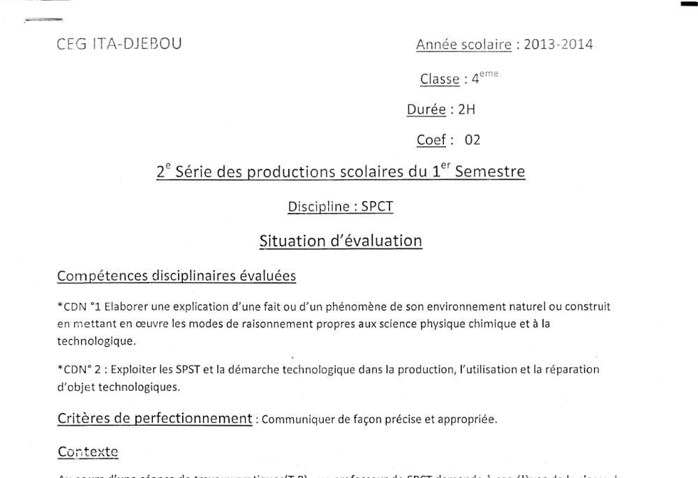 Aperçu de la première page — 4e PCT Devoir 2 Semestre 1 CEG Ita Djebou 2013 2014