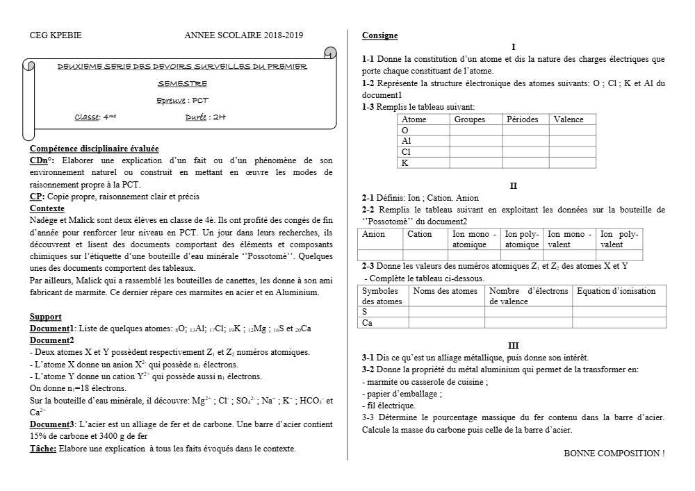 Aperçu de la première page — 4e PCT Devoir 2 Semestre 1 CEG Kpebie 2018 2019