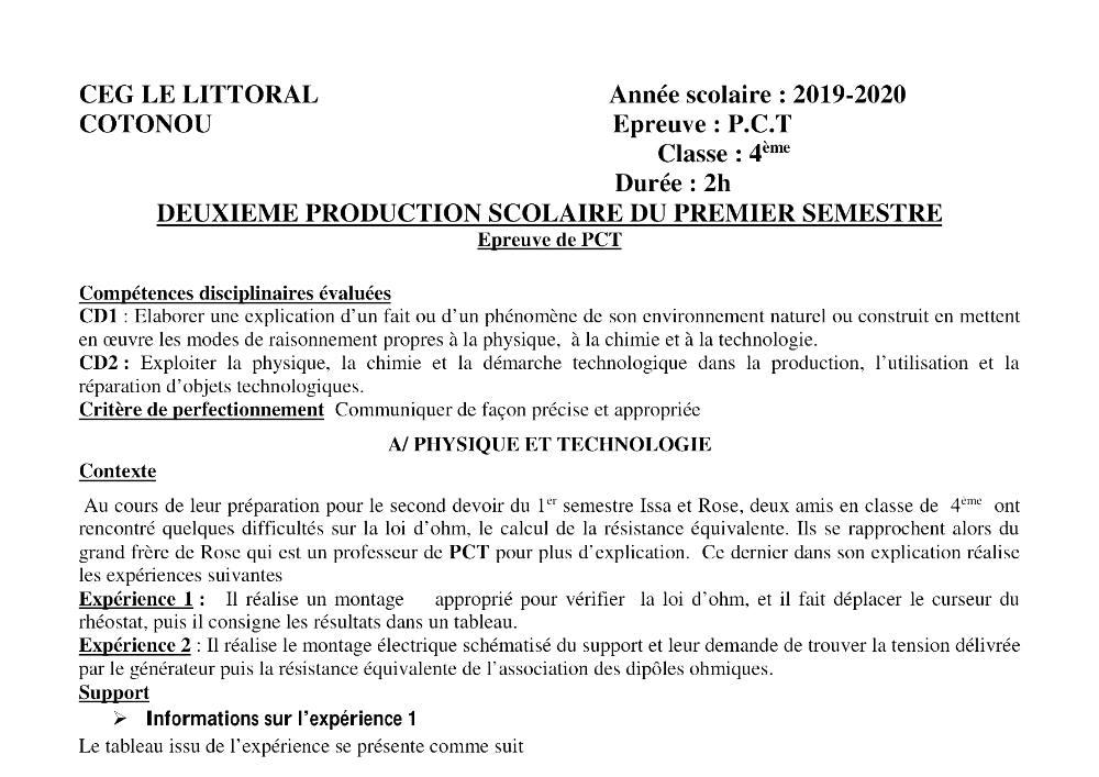 Aperçu de la première page — 4e PCT Devoir 2 Semestre 1 CEG Le Littoral 2019 2020