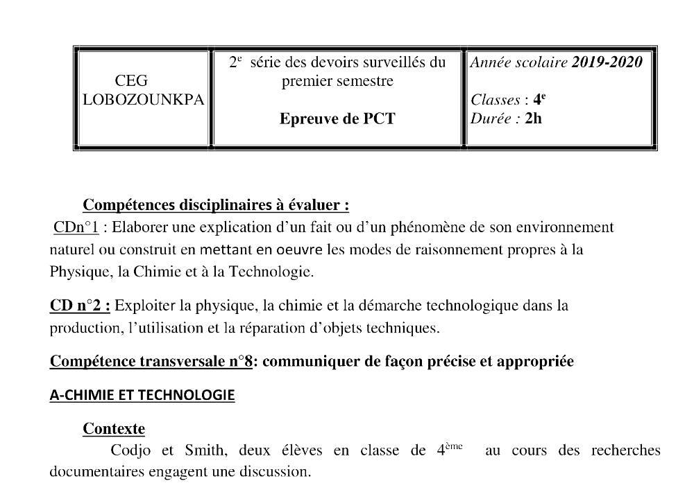 Aperçu de la première page — 4e PCT Devoir 2 Semestre 1 CEG Lobozounkpa 2019 2020
