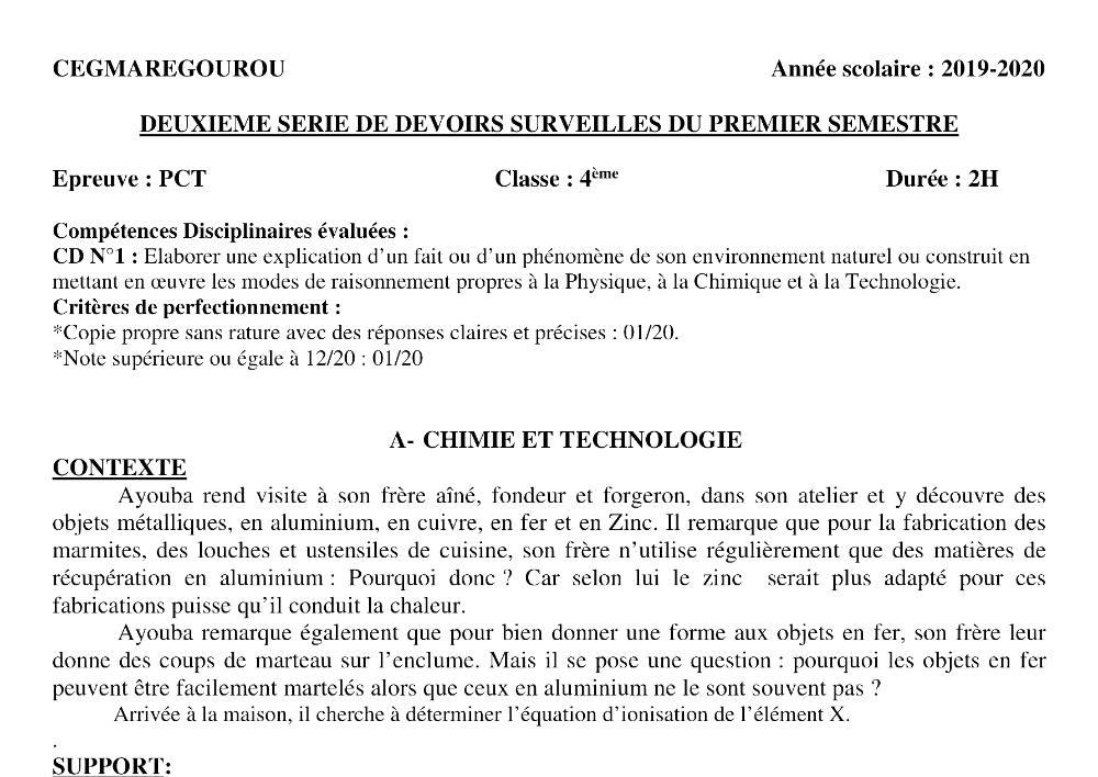 Aperçu de la première page — 4e PCT Devoir 2 Semestre 1 CEG Meregourou 2019 2020