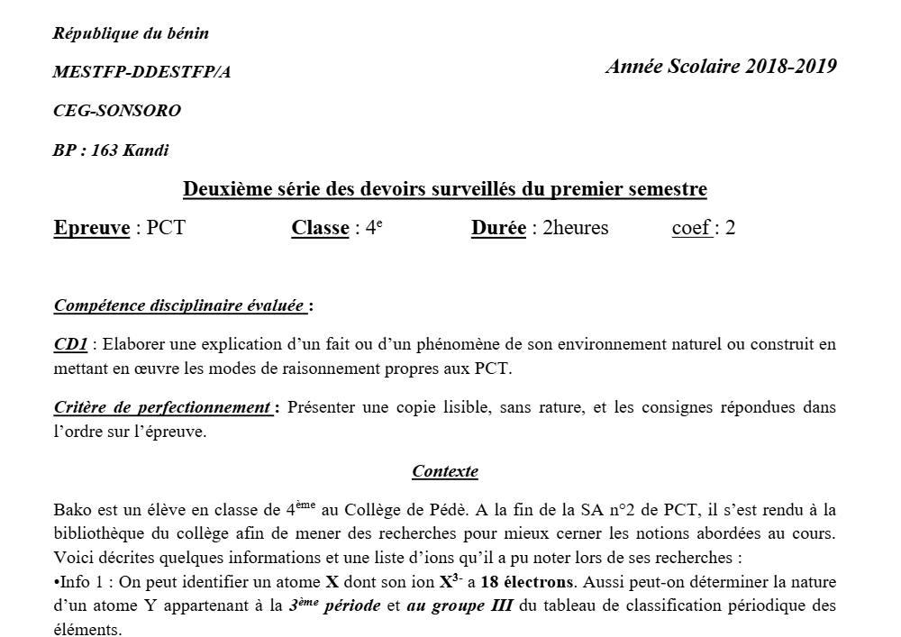 Aperçu de la première page — 4e PCT Devoir 2 Semestre 1 CEG Sonsoro 2018 2019