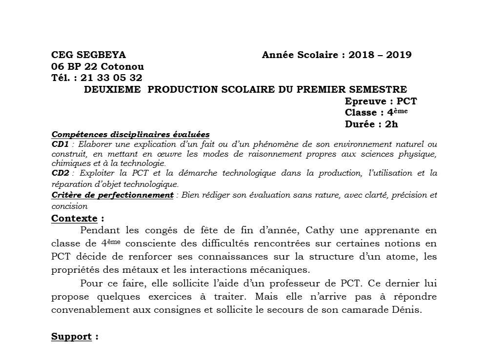 Aperçu de la première page — 4e PCT Devoir 2 Semestre 1 CEG Ségbéya 2018 2019