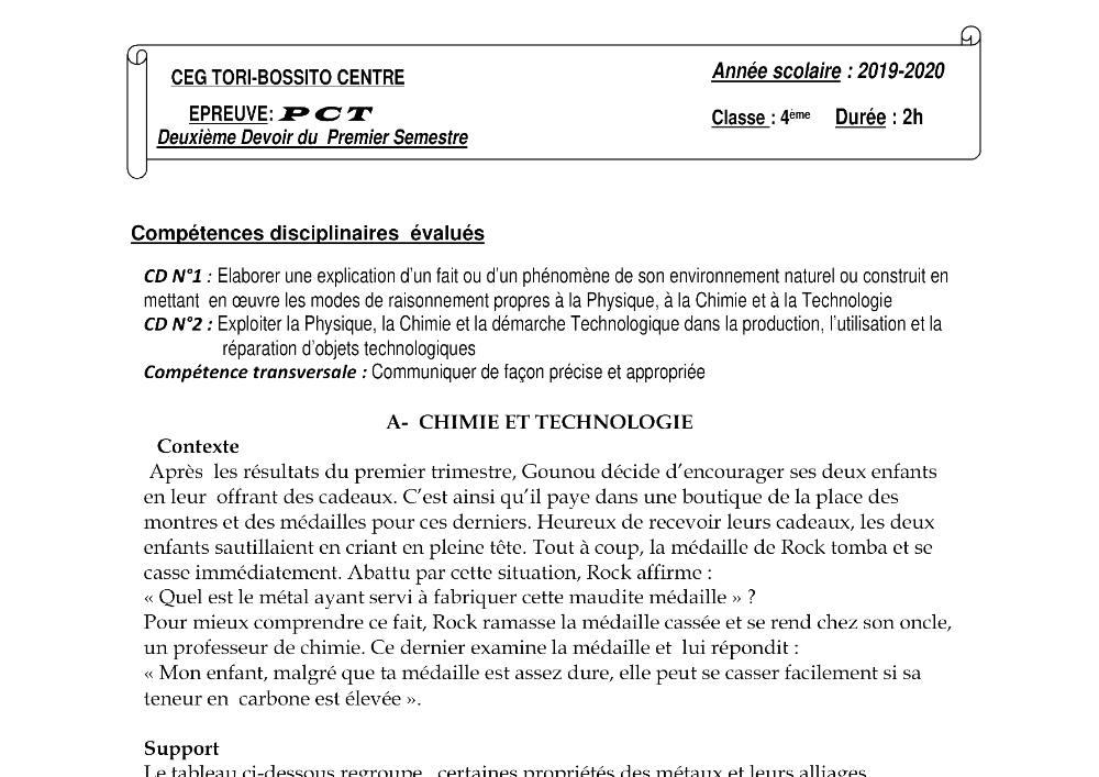 Aperçu de la première page — 4e PCT Devoir 2 Semestre 1 CEG Tori Bossito 2019 2020