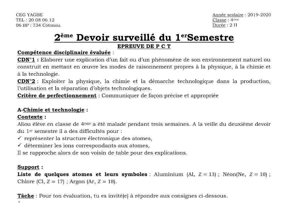 Aperçu de la première page — 4e PCT Devoir 2 Semestre 1 CEG Yagbe 2019 2020