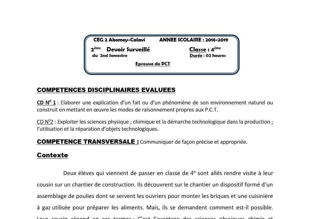 Aperçu de la première page — 4e PCT Devoir 2 Semestre 2 CEG2 Abomey Calavi 2018 2019