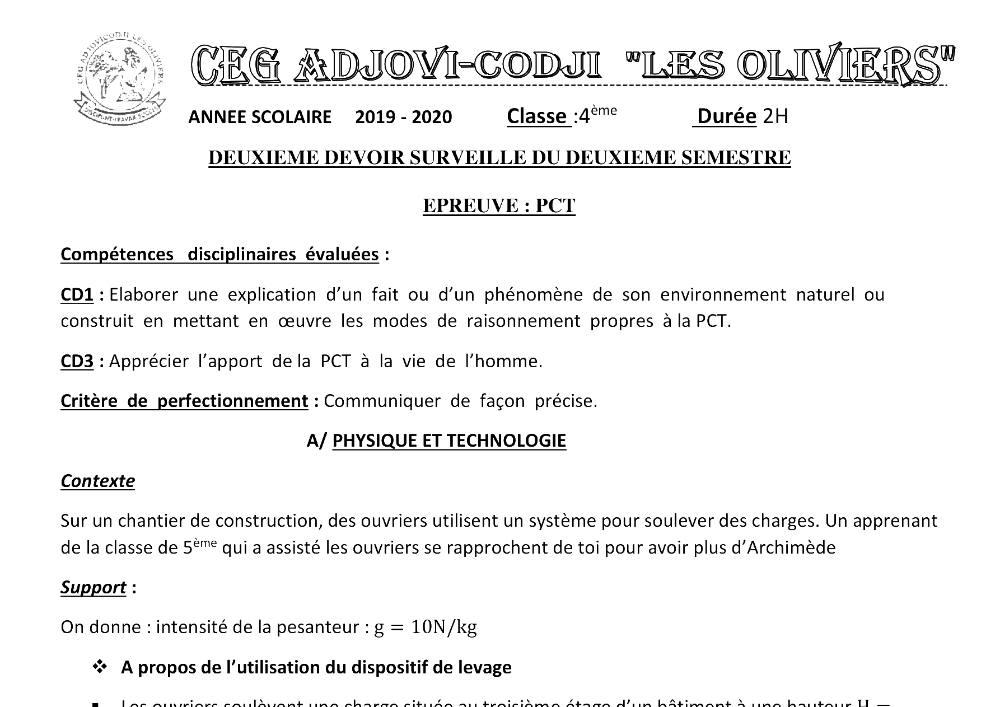 Aperçu de la première page — 4e PCT Devoir 2 Semestre 2 CEG Adjovi Codji 2019 2020