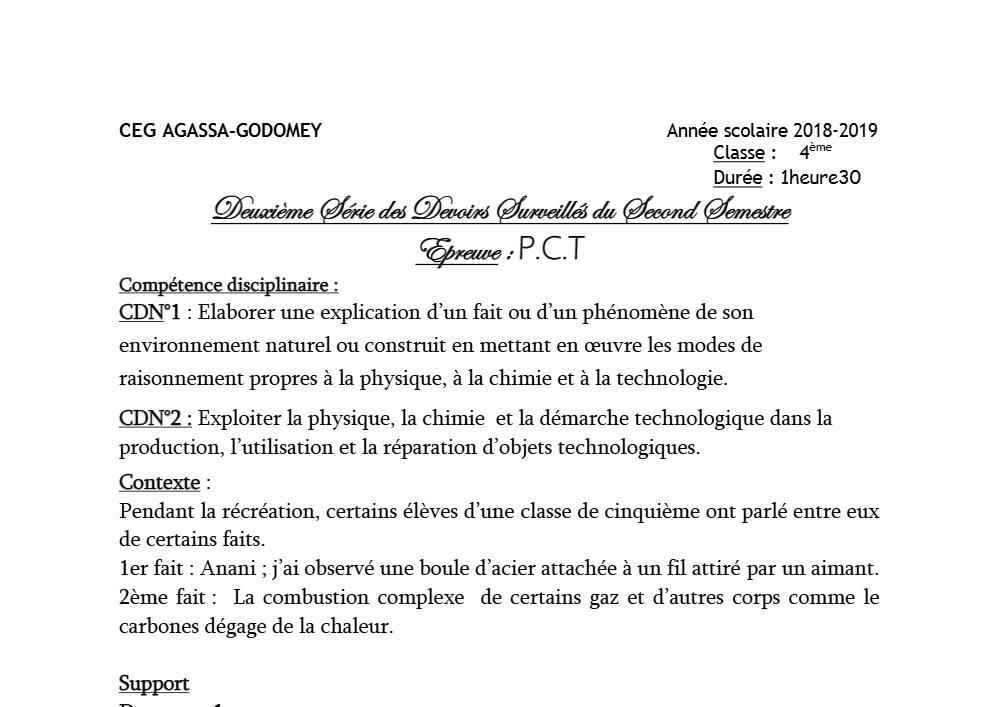Aperçu de la première page — 4e PCT Devoir 2 Semestre 2 CEG Agassa Godomey 2018 2019