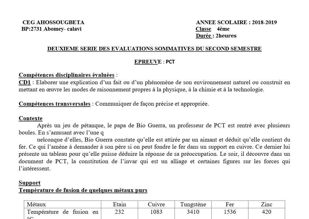 Aperçu de la première page — 4e PCT Devoir 2 Semestre 2 CEG Ahossougbéta 2018 2019 (2)