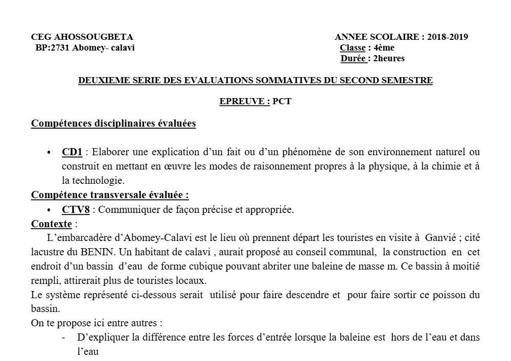 Aperçu de la première page — 4e PCT Devoir 2 Semestre 2 CEG Ahossougbéta 2018 2019