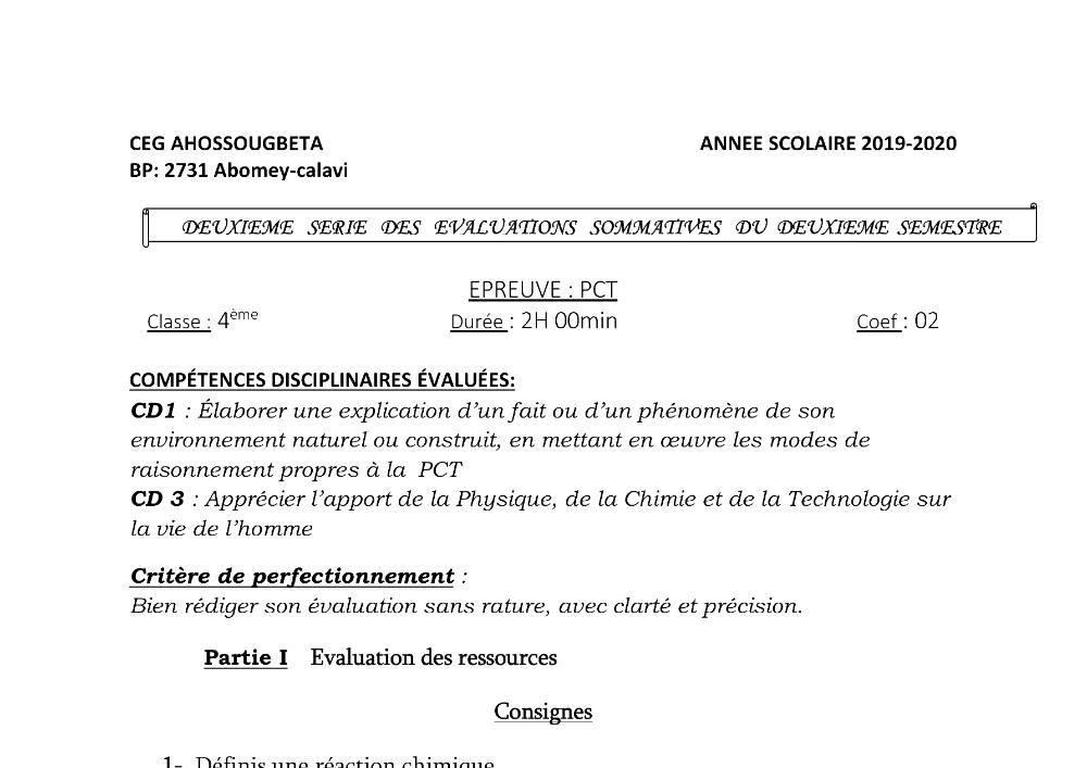 Aperçu de la première page — 4e PCT Devoir 2 Semestre 2 CEG Ahossougbéta 2019 2020