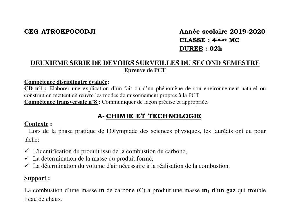 Aperçu de la première page — 4e PCT Devoir 2 Semestre 2 CEG Atrokpocodji 2019 2020