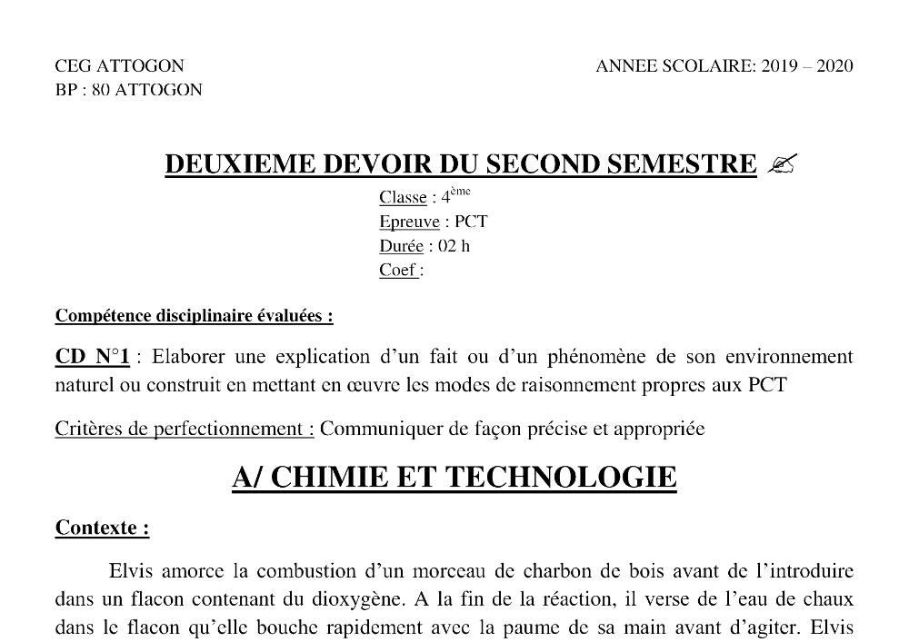 Aperçu de la première page — 4e PCT Devoir 2 Semestre 2 CEG Attogon 2019 2020