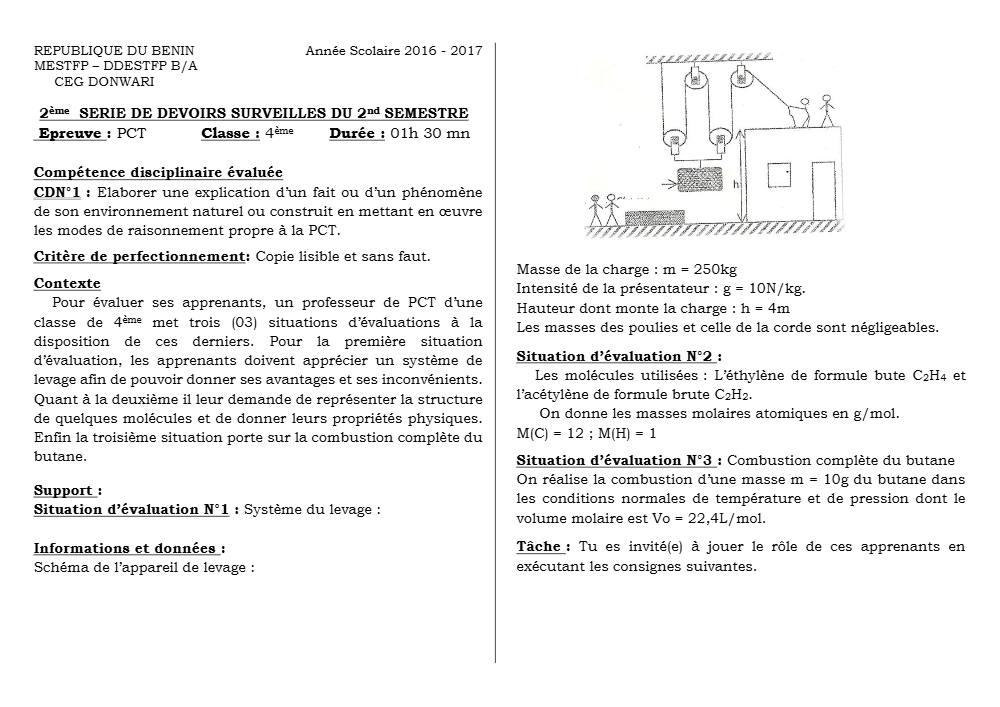 Aperçu de la première page — 4e PCT Devoir 2 Semestre 2 CEG Donwari 2018 2019