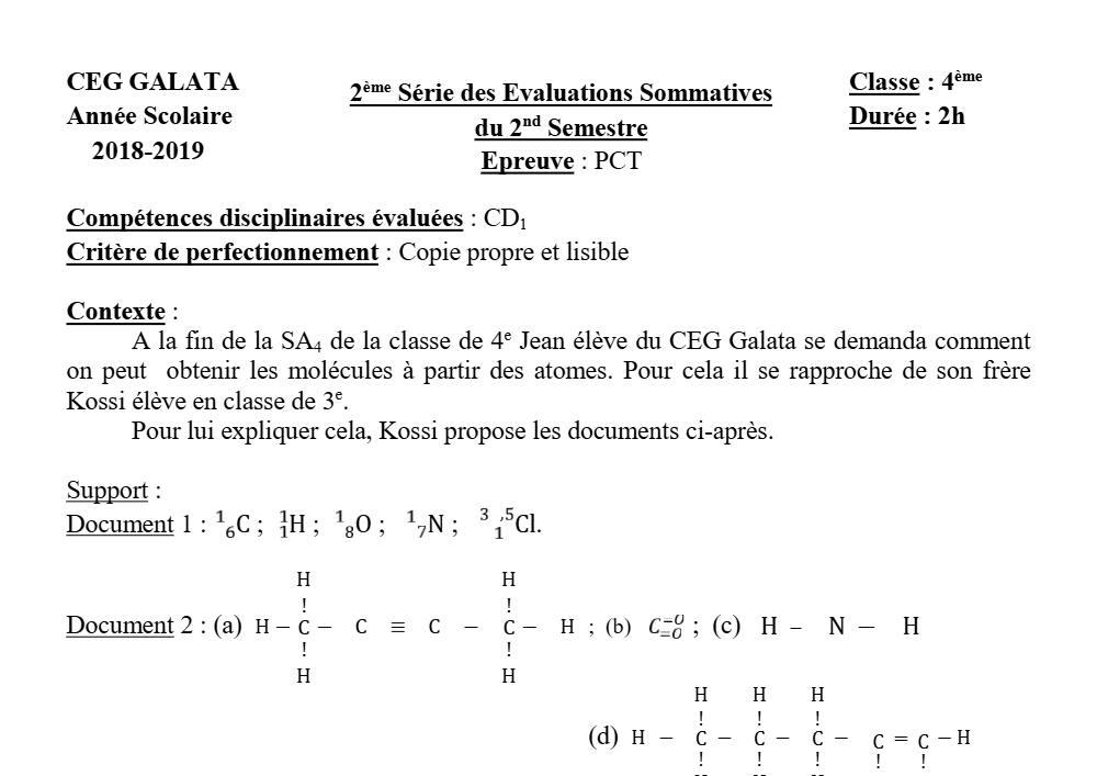 Aperçu de la première page — 4e PCT Devoir 2 Semestre 2 CEG Galata 2018 2019