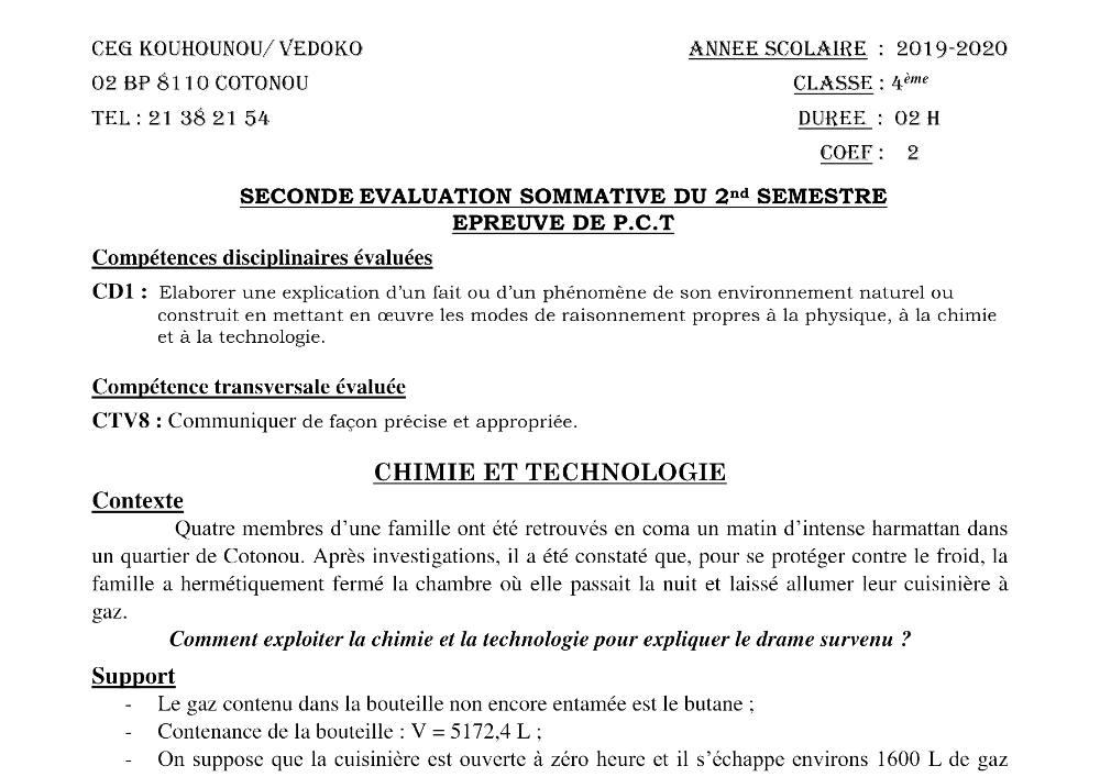 Aperçu de la première page — 4e PCT Devoir 2 Semestre 2 CEG Kouhounou 2019 2020
