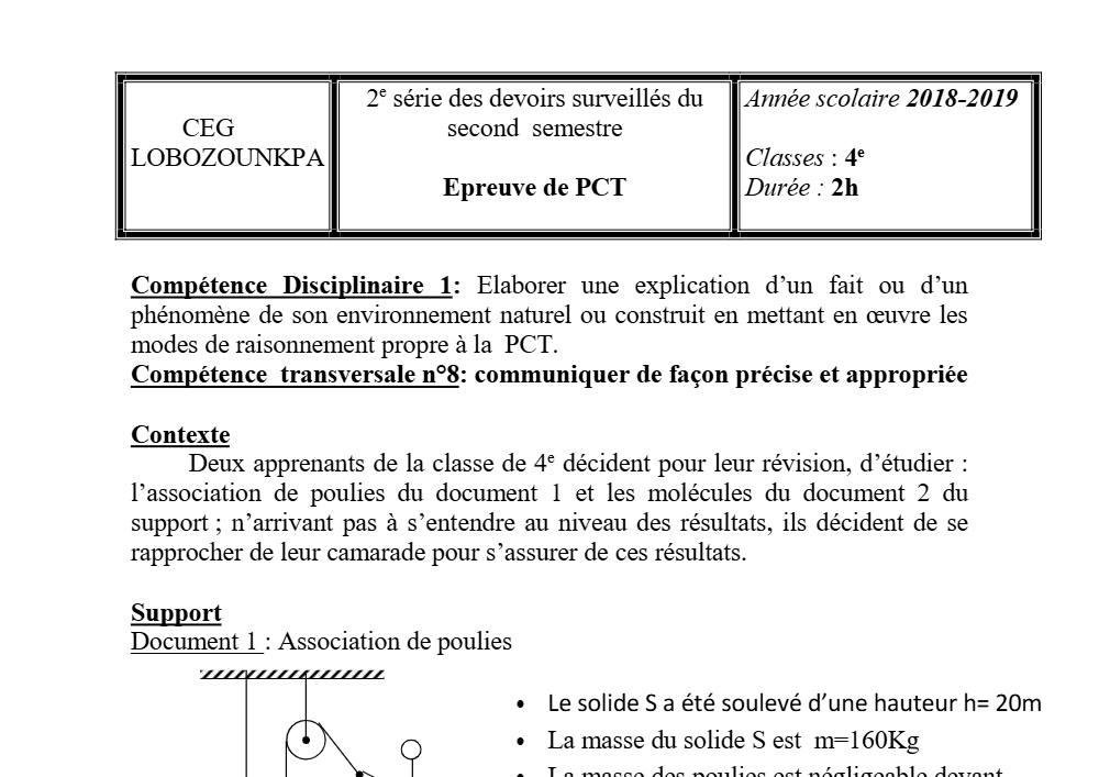 Aperçu de la première page — 4e PCT Devoir 2 Semestre 2 CEG Lobozounkpa 2018 2019