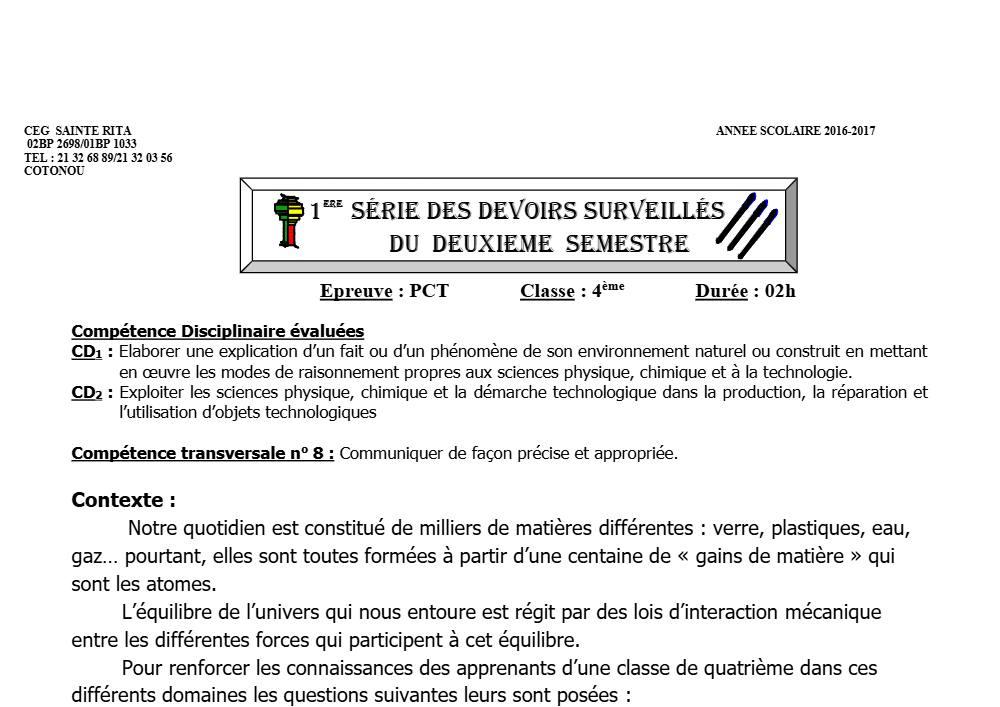 Aperçu de la première page — 4e PCT Devoir 2 Semestre 2 CEG Sainte Rita 2016 2017