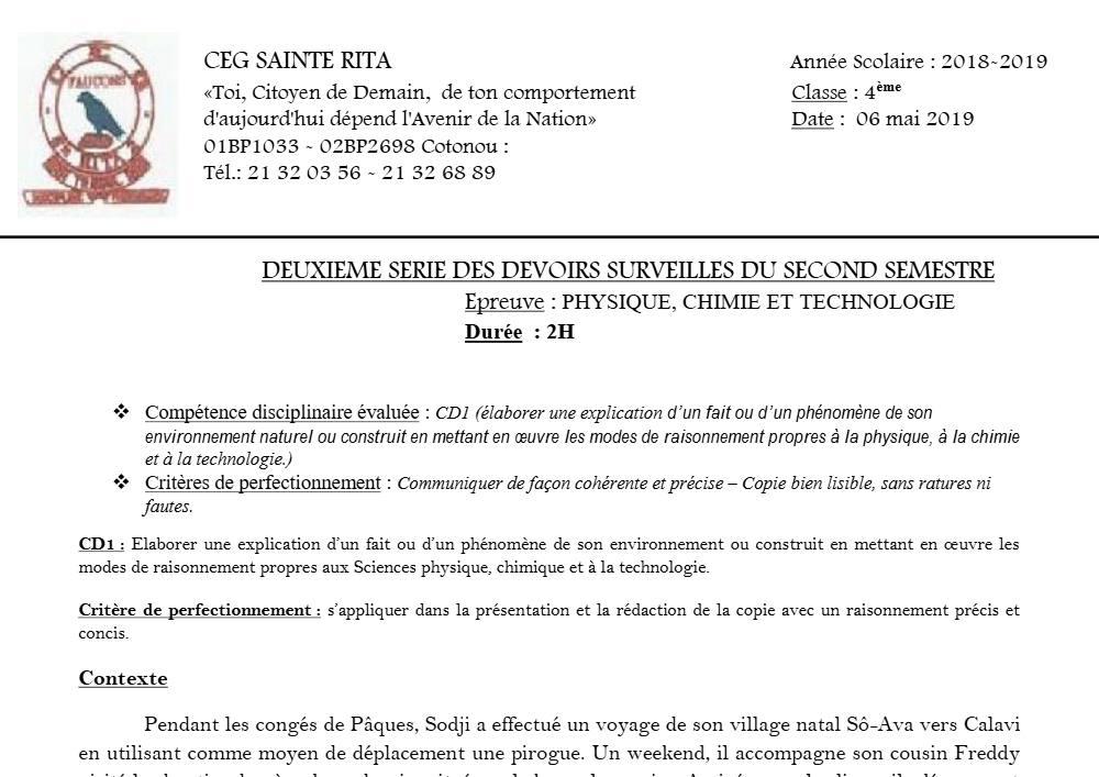 Aperçu de la première page — 4e PCT Devoir 2 Semestre 2 CEG Sainte Rita 2018 2019