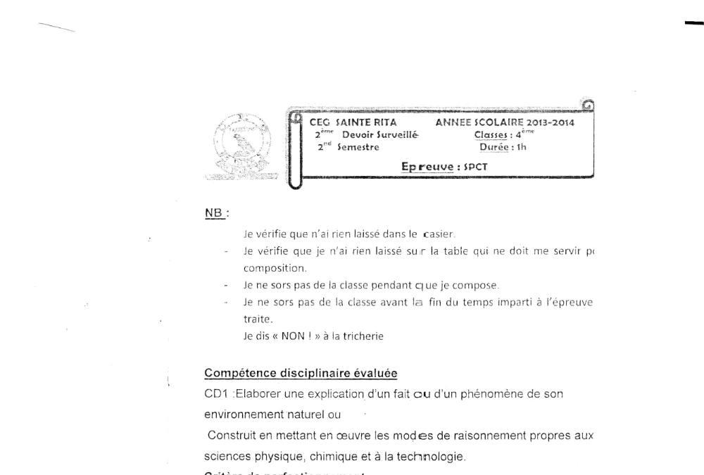 Aperçu de la première page — 4e PCT Devoir 2 Semestre 2 CEG Ste Rita 2013 2014
