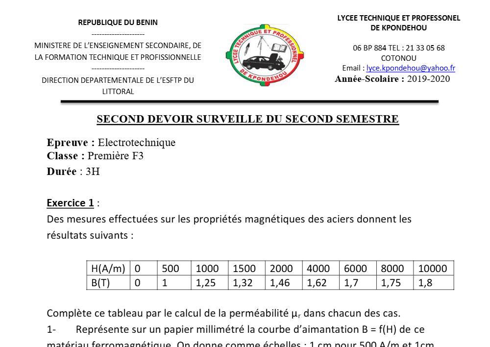 Aperçu de la première page — 1ère F3 Électrotechnique Devoir 2 Semestre 2 Lycée Kpondehou 2019 2020