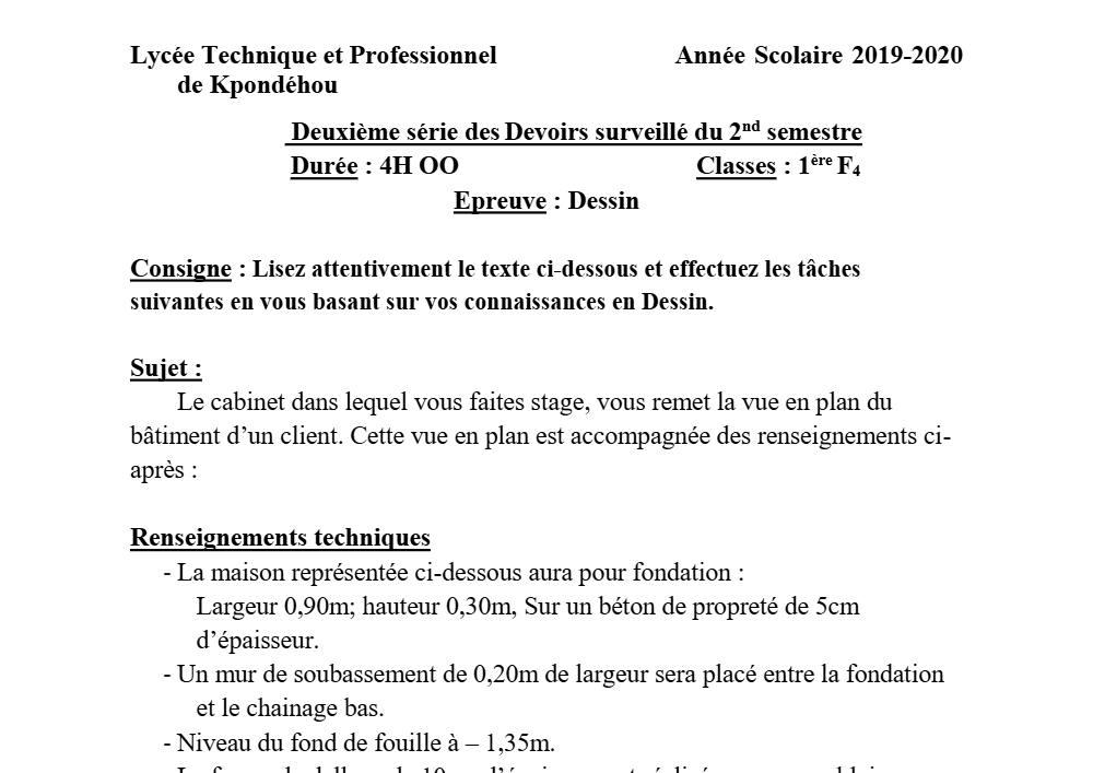 Aperçu de la première page — 1ère F4 Dessin Devoir 2 Semestre 2 Lycée Kpondehou 2019 2020