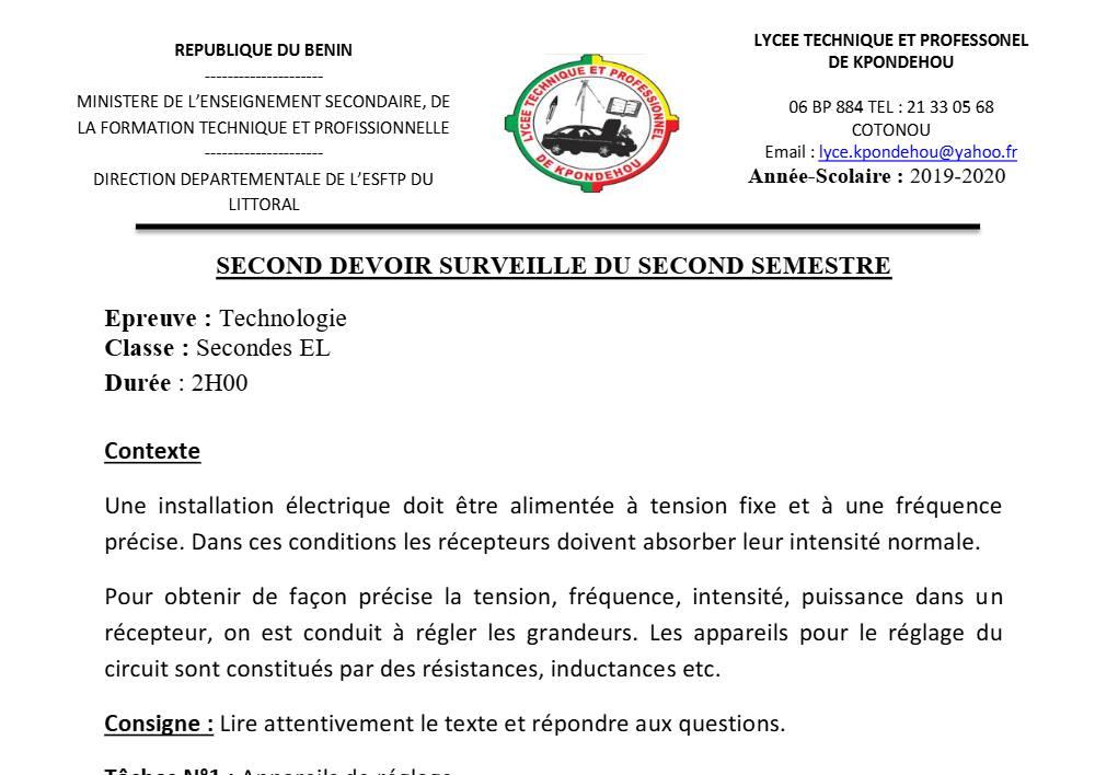 Aperçu de la première page — 2nde EL Technologie Devoir 2 Semestre 2 Lycée Kpondehou 2019 2020