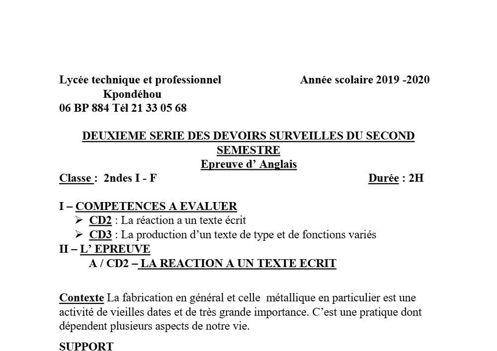 Aperçu de la première page — 2nde F I Anglais Devoir 2 Semestre 2 Lycée Kpondehou 2019 2020