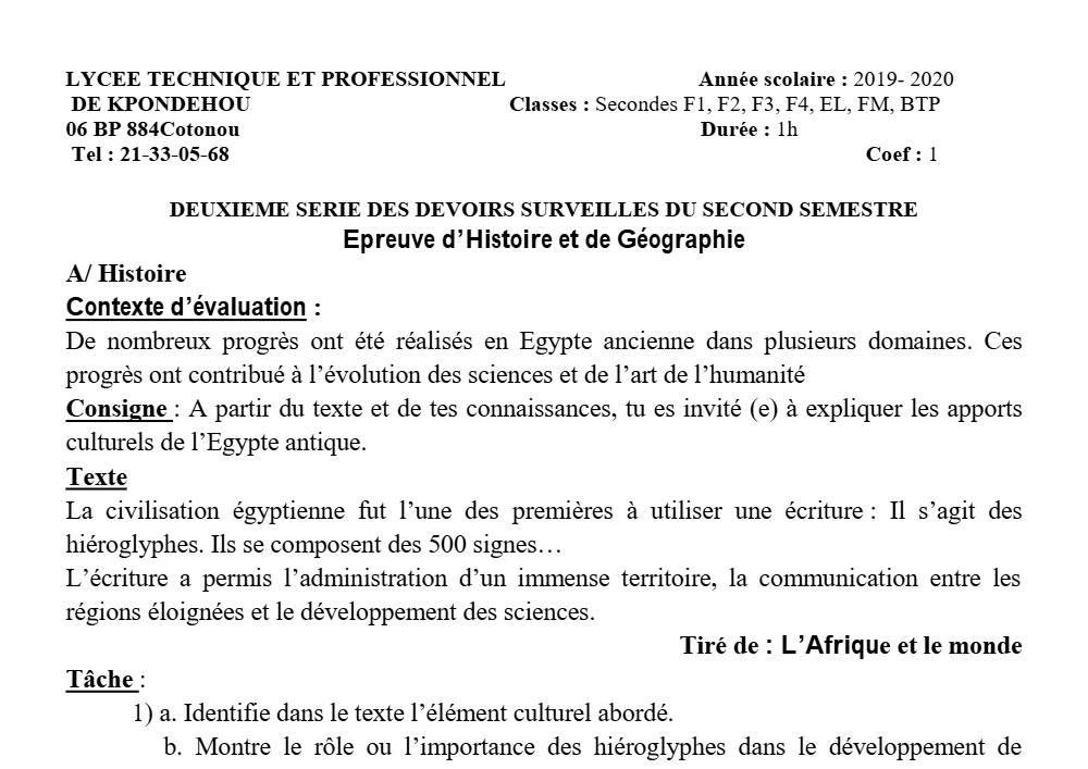 Aperçu de la première page — 2nde F I IMI BTS Histoire Géographie Devoir 2 Semestre 2 Lycée Kpondehou 2019 2020