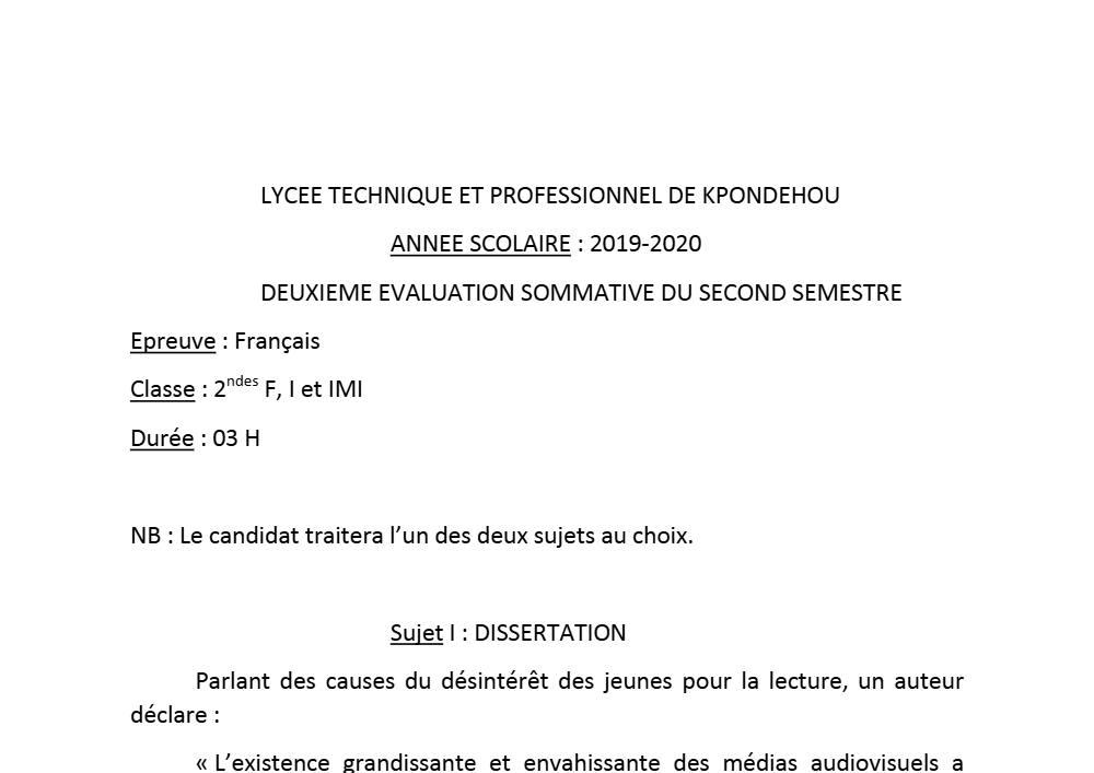 Aperçu de la première page — 2nde F I IMI Français Devoir 2 Semestre 2 Lycée Kpondehou 2019 2020