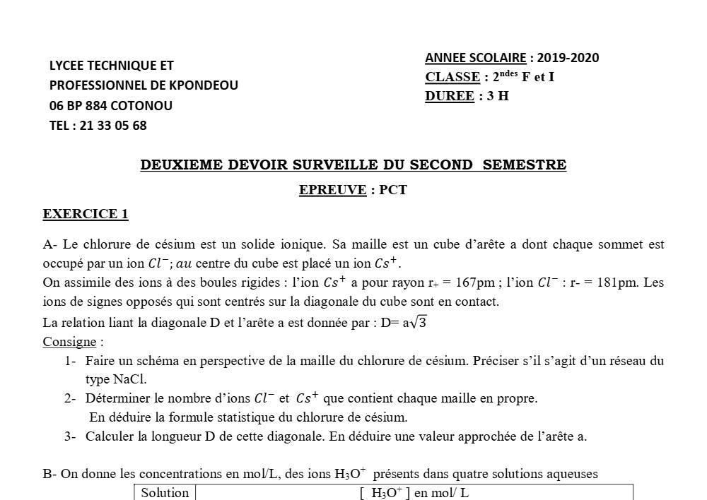 Aperçu de la première page — 2nde F I PCT Devoir 2 Semestre 2 Lycée Kpondehou 2019 2020