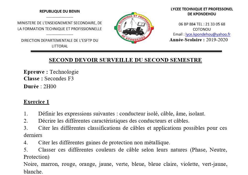 Aperçu de la première page — 2nde F3 Technologie Devoir 2 Semestre 2 Lycée Kpondehou 2019 2020