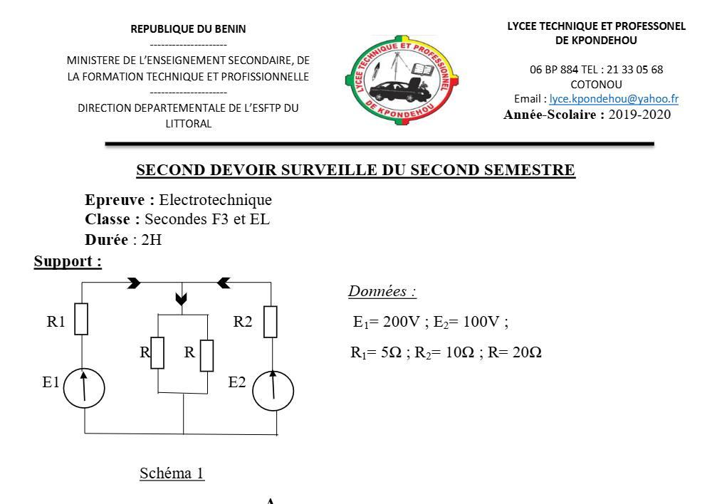 Aperçu de la première page — 2nde F3 EL Électrotechnique Devoir 2 Semestre 2 Lycée Kpondehou 2019 2020
