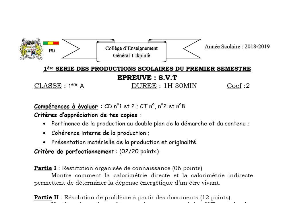 Aperçu de la première page — 1ère A SVT Devoir 1 Semestre 1 CEG1 Ikpinlè 2018 2019