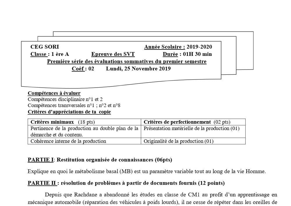Aperçu de la première page — 1ère A SVT Devoir 1 Semestre 1 CEG Sori 2019 2020